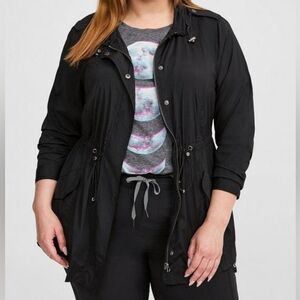Torrid Black Happy Camper Nylon Windbreaker Lightweight Cinch Hoodie Jac…